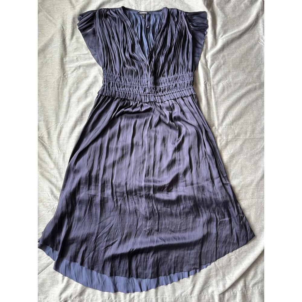 EXPRESS Womens Size Medium Pleated Dark Blue Navy Satin Dress 00813 Light Ocean